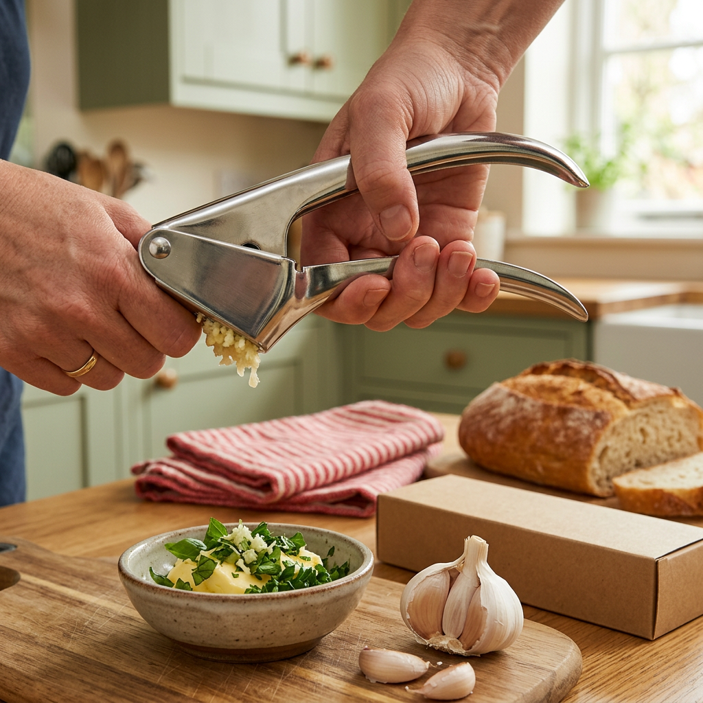 Female home cook using the silver garlic press while making garlic butter