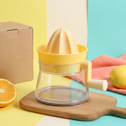 Yellow manual citrus juicer with turquoise and coral styling and plain kraft packaging