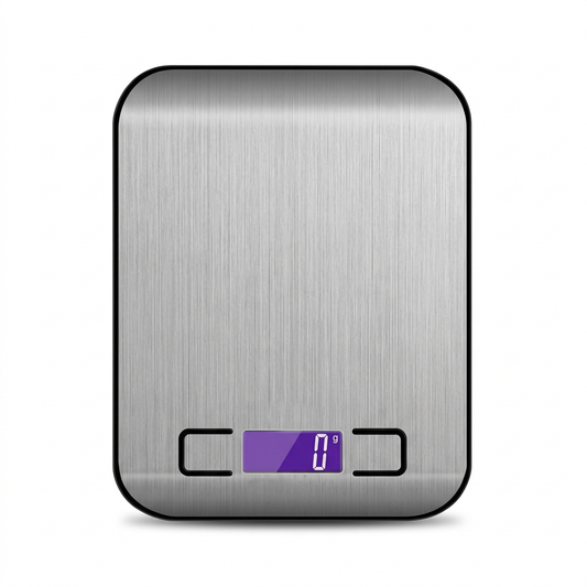 Silver digital kitchen scale with black rim and purple display on white