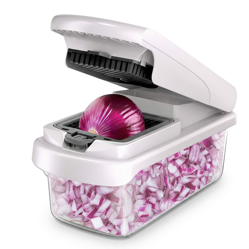 White and gray manual press vegetable chopper with clear bin on white