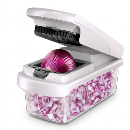White and gray manual press vegetable chopper with clear bin on white