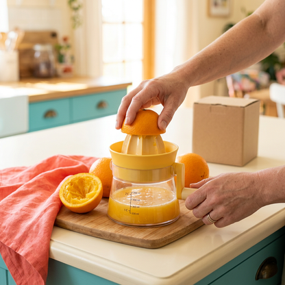 Close-up of hands operating the yellow manual citrus juicer with an orange half
