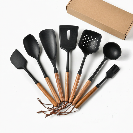 Seven black silicone utensils with wooden handles on a white background
