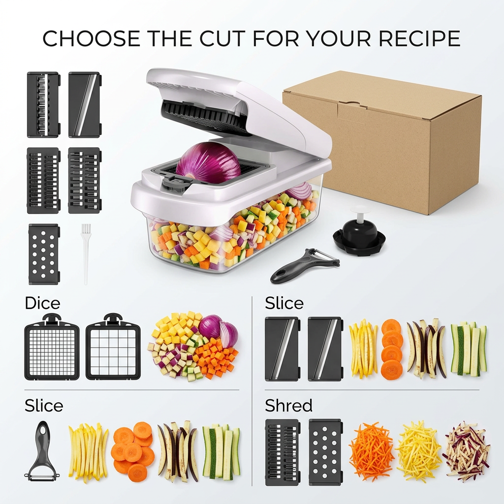 Vegetable cutting insert options for dicing slicing and shredding