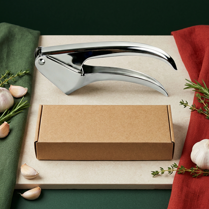 Stainless steel garlic press with green and red styling and plain packaging