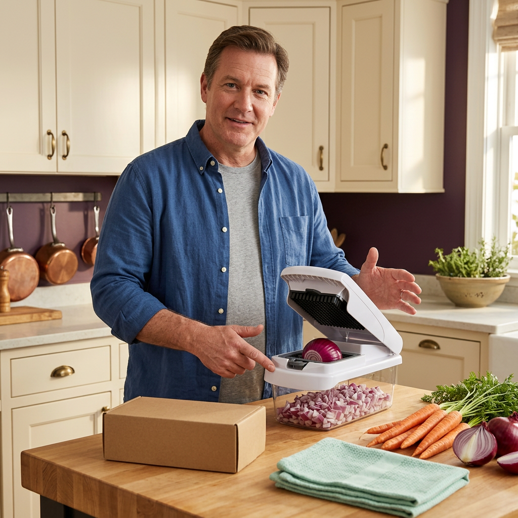 Male home cook beside a white vegetable chopper and prepared ingredients