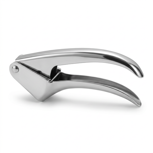 Polished silver garlic press with curved handles on white background